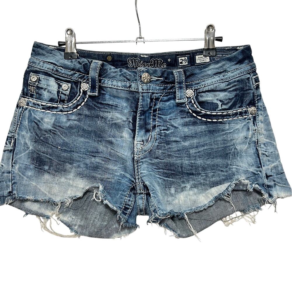 Y2K Miss Me Mid-Rise Distressed Frayed Hem Denim Shorts 29 Blue